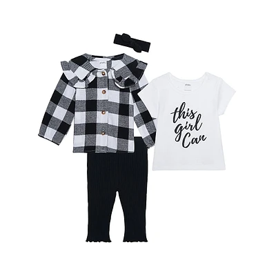 Girl's 4-Piece Plaid Flannel Shirt, T-Shirt, Leggings & Headband Set