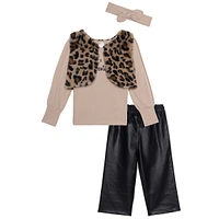 Girl's 4-Piece Faux Fur Vest, Shirt, Pleather Pants & Headband Set