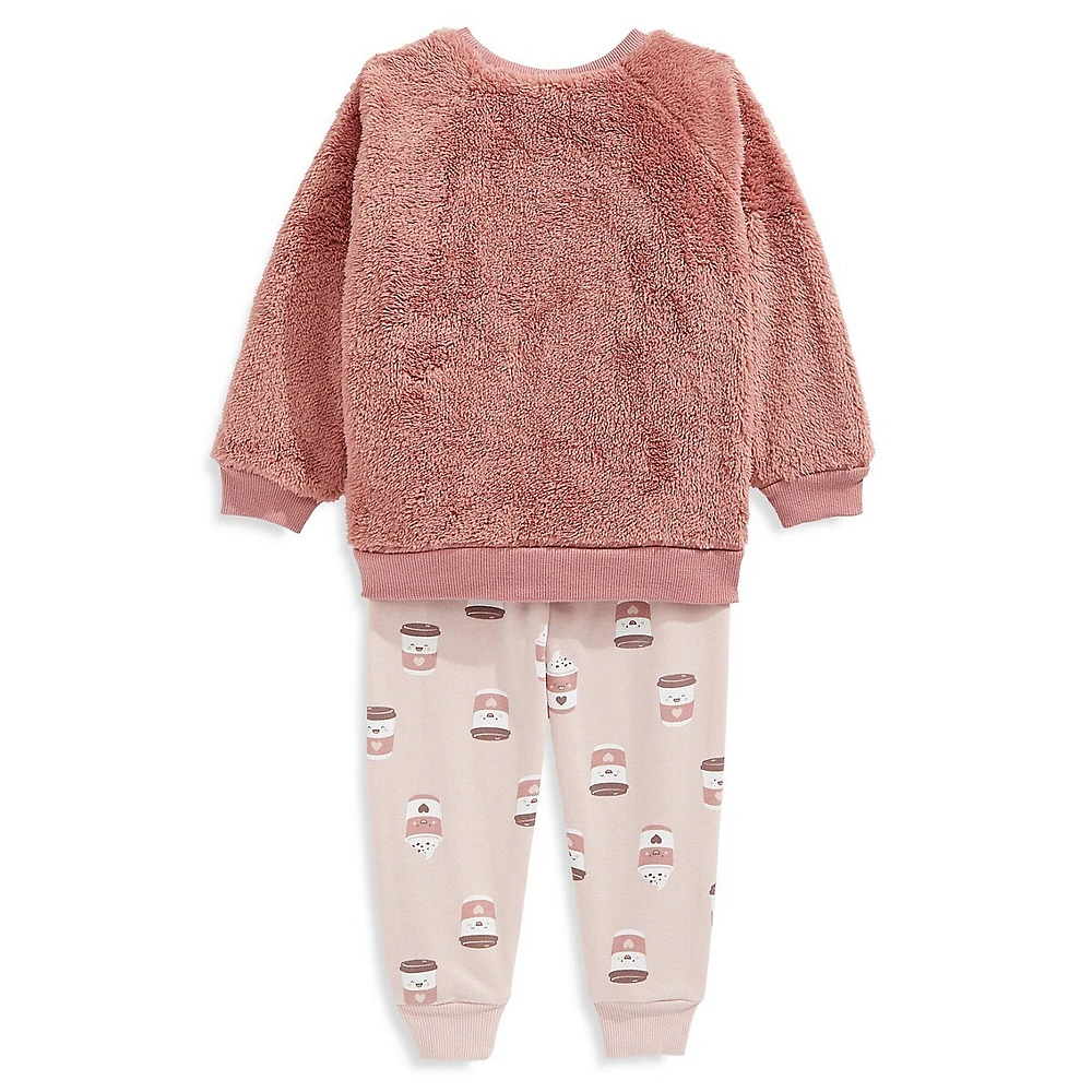 Little Girl's 2-Piece Latte-Theme Plush Sweatshirt & Joggers Set