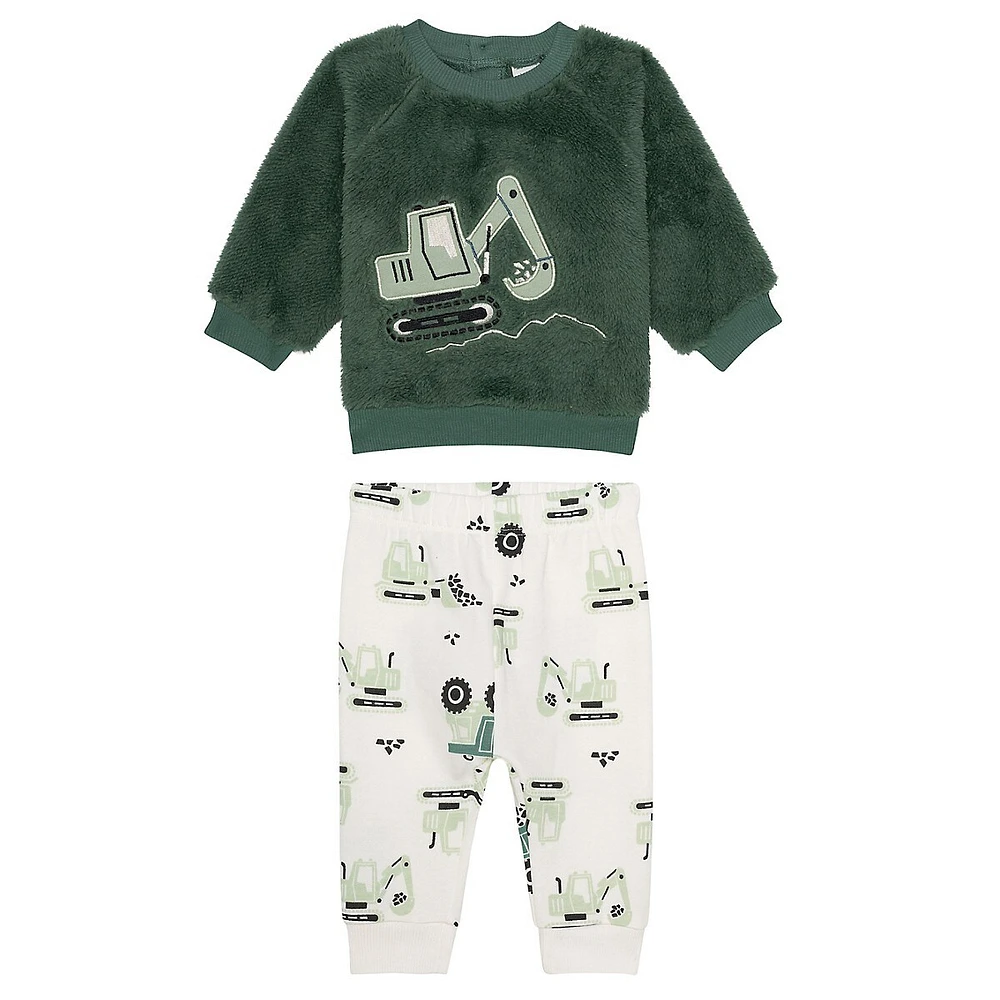 Little Boy's 2-Piece Construction-Print Plush Sweatshirt & Joggers Set