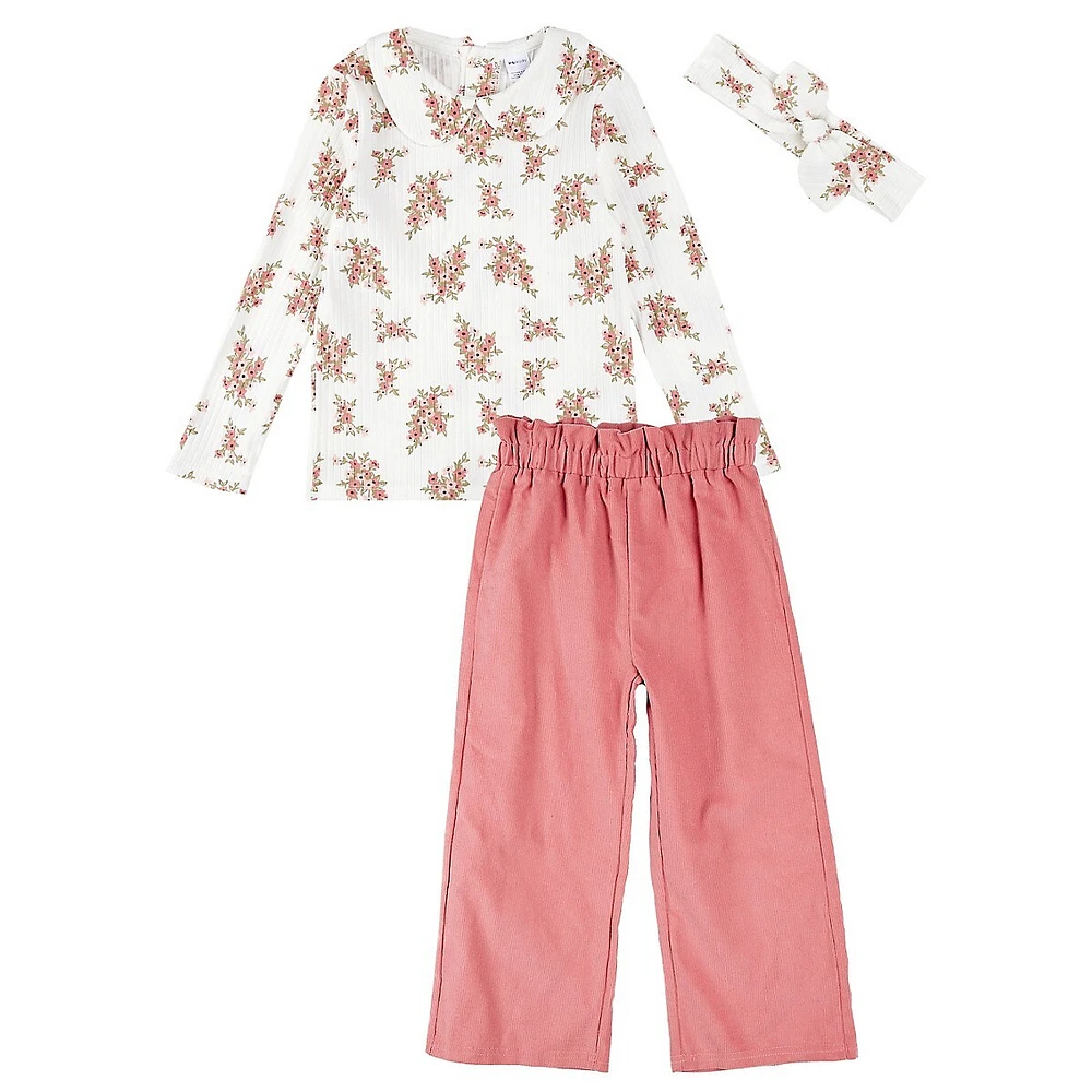 Little Girl's 3-Piece Floral-Print Shirt, Headband & Corduroy Pants Set