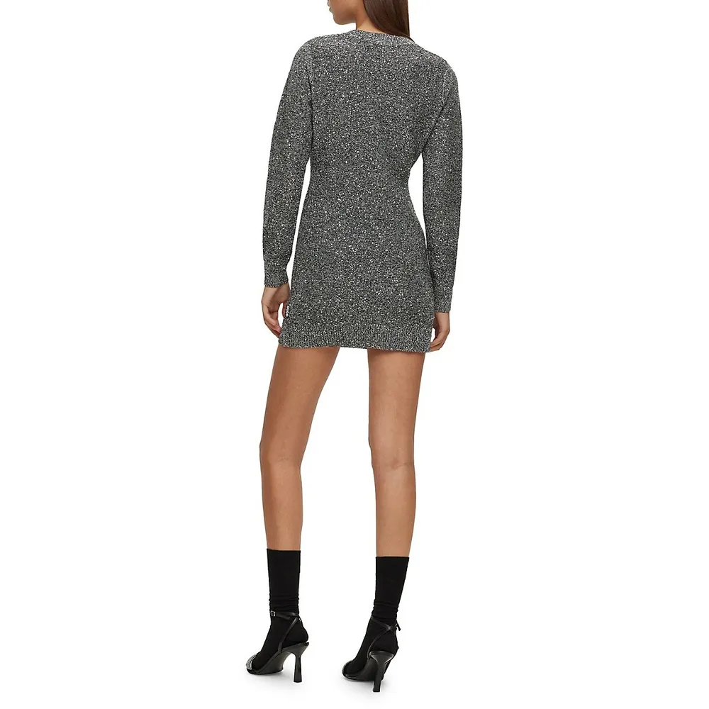 Sequin-Knit Slim Mini Sweater Dress