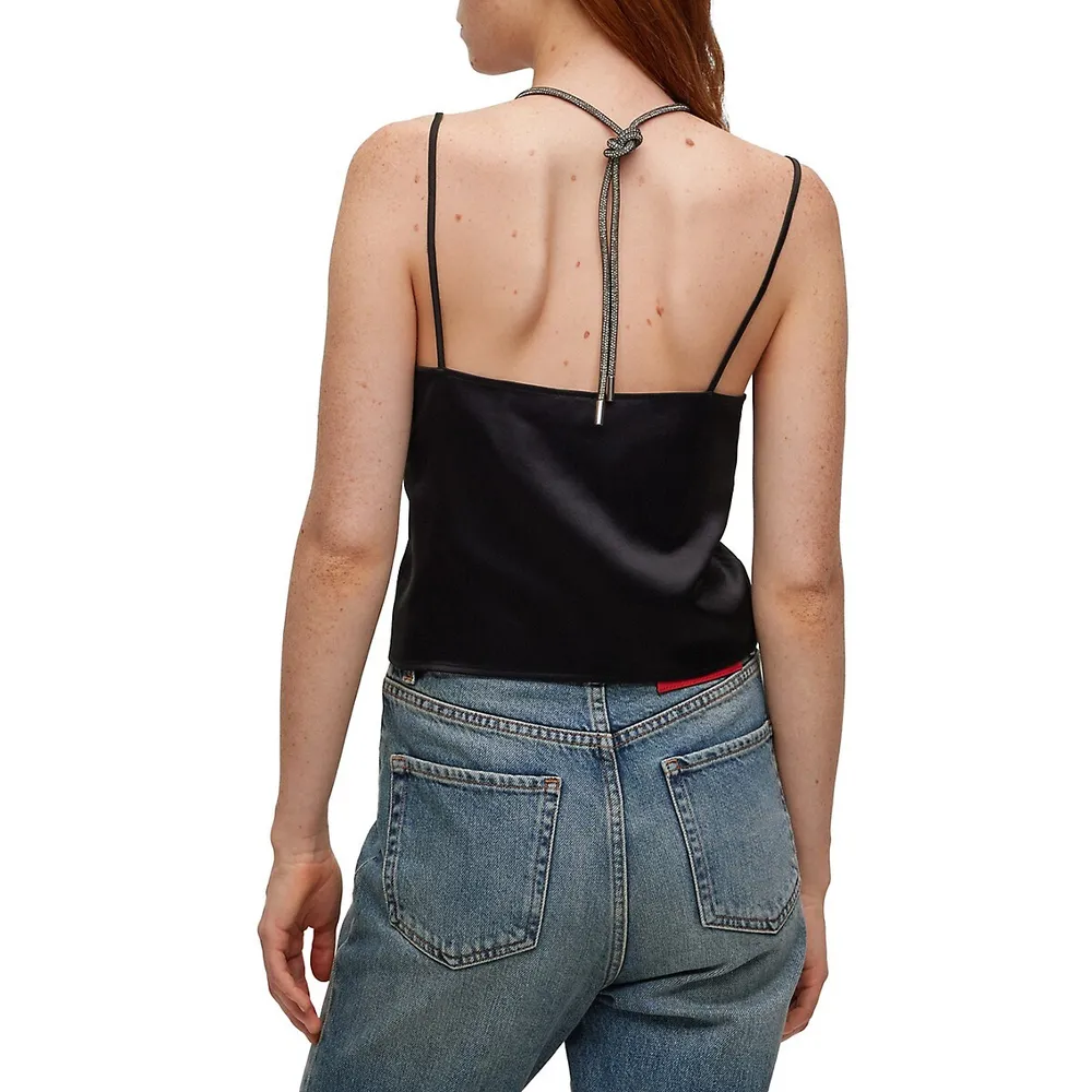 Crystal-Strap Twist-Front Satin Top