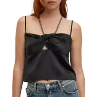 Crystal-Strap Twist-Front Satin Top