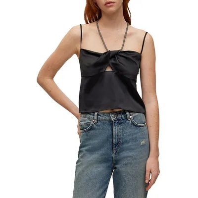 Crystal-Strap Twist-Front Satin Top