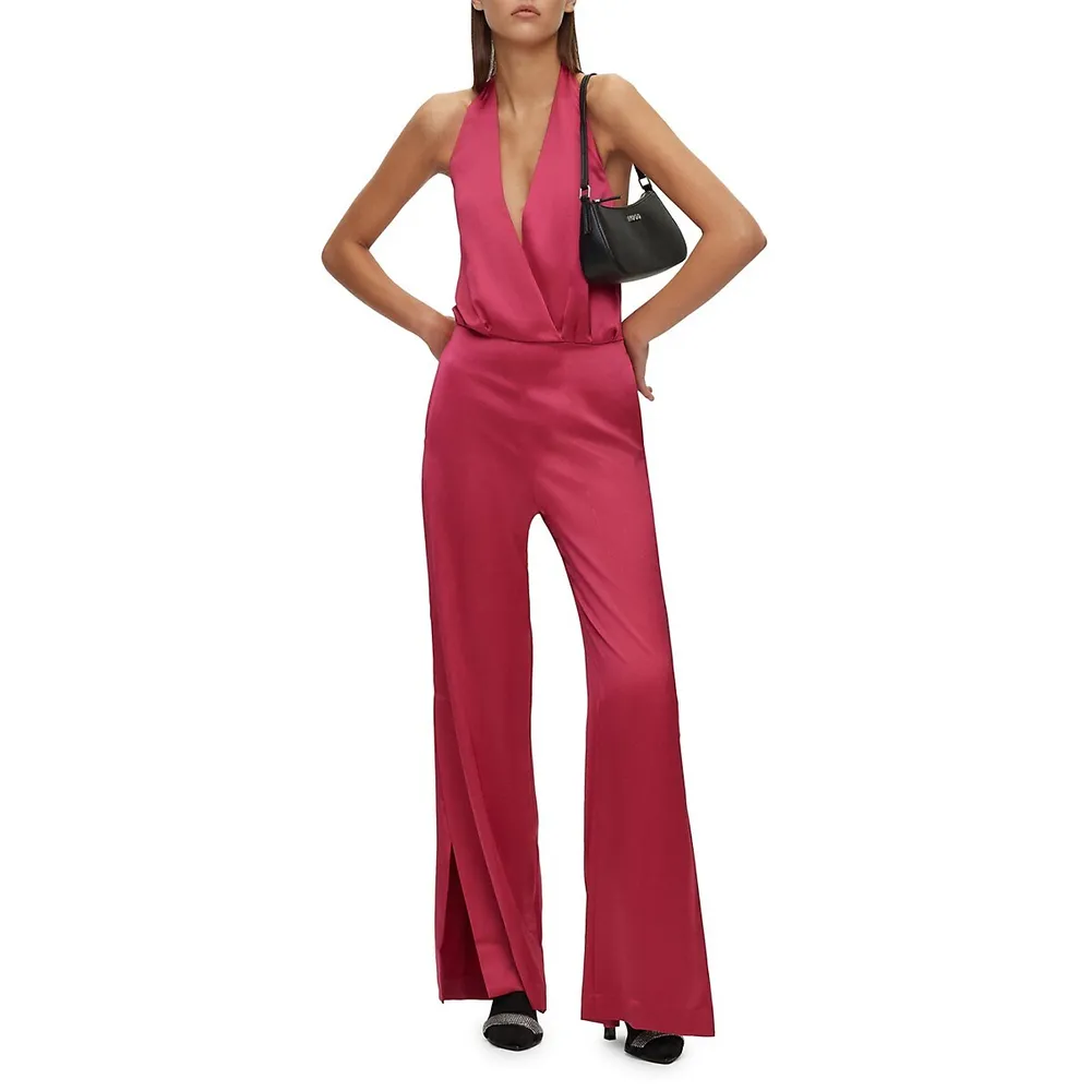 Surplice Halter Satin Jumpsuit