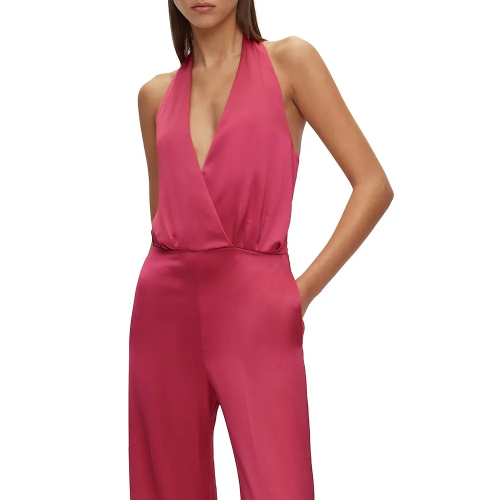 Surplice Halter Satin Jumpsuit