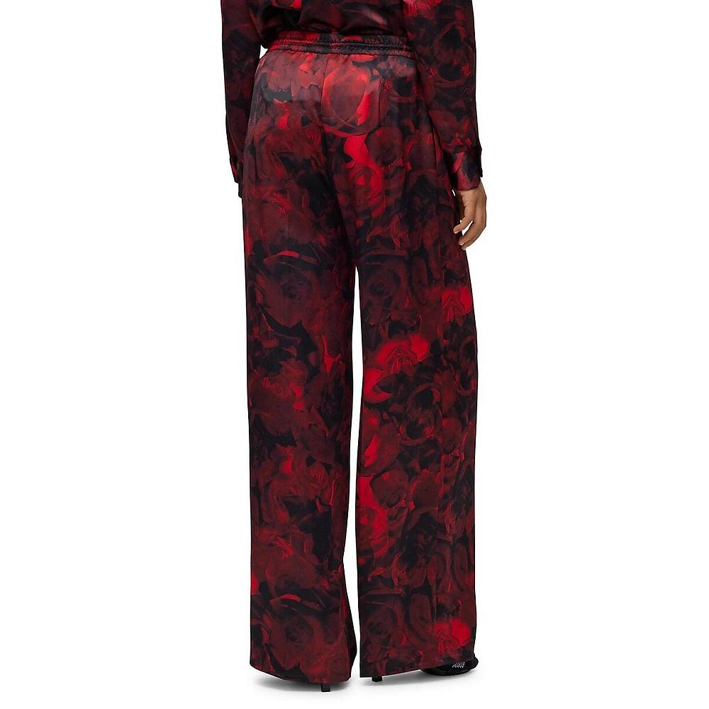 Rose-Print Wide-Leg Drawstring Trousers