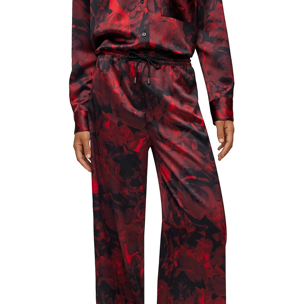 Rose-Print Wide-Leg Drawstring Trousers