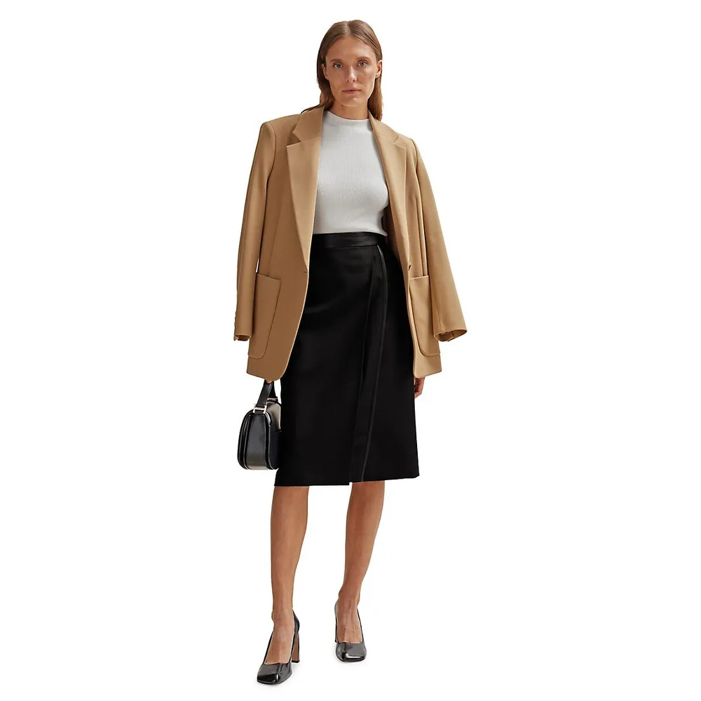 Faux Leather-Trim Wool Twill Pencil Skirt