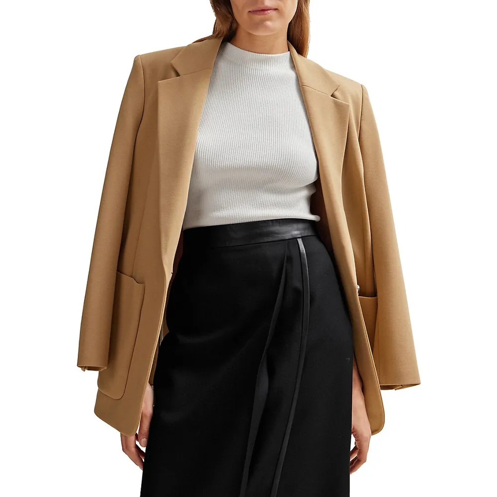 Faux Leather-Trim Wool Twill Pencil Skirt