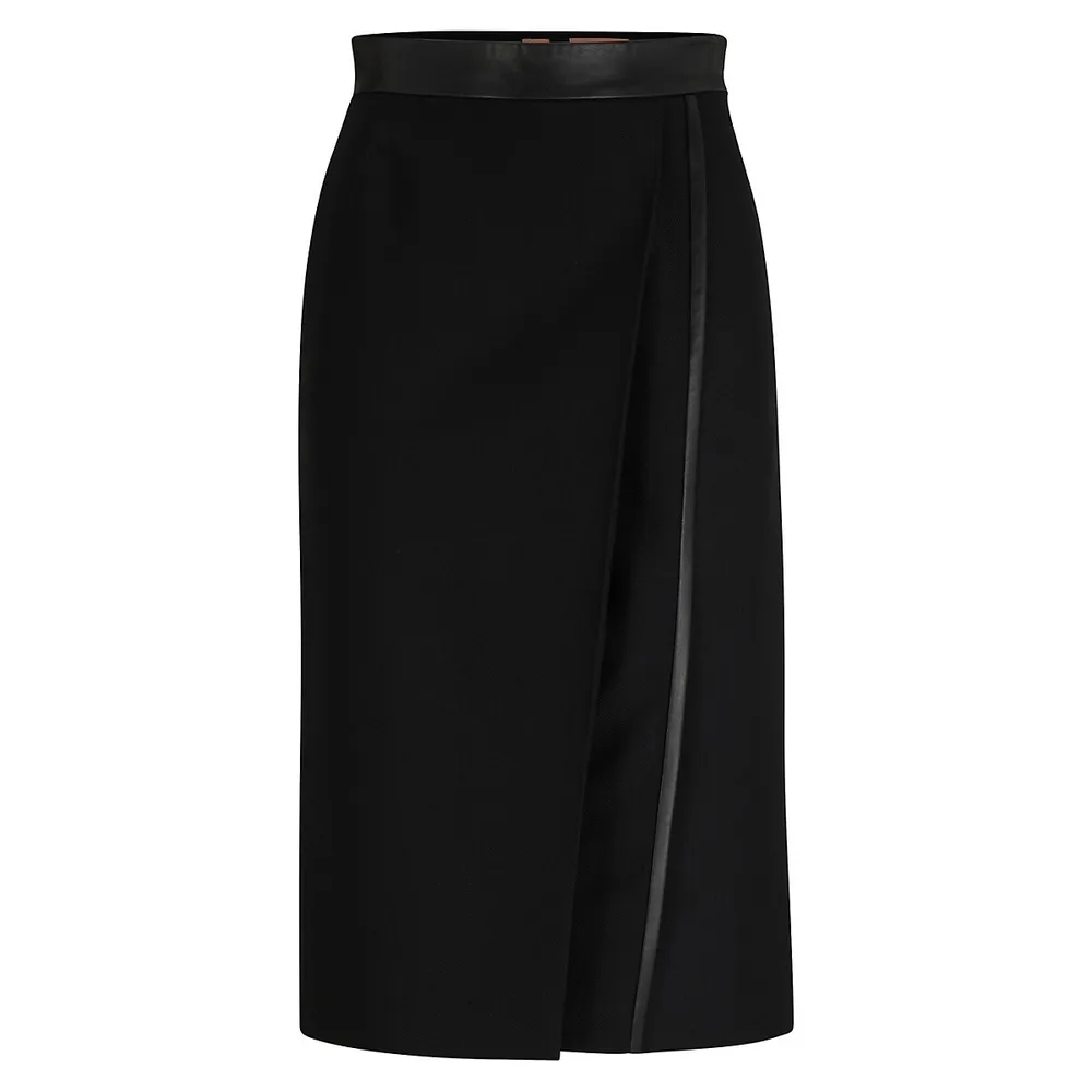 Faux Leather-Trim Wool Twill Pencil Skirt