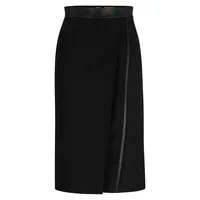 Faux Leather-Trim Wool Twill Pencil Skirt