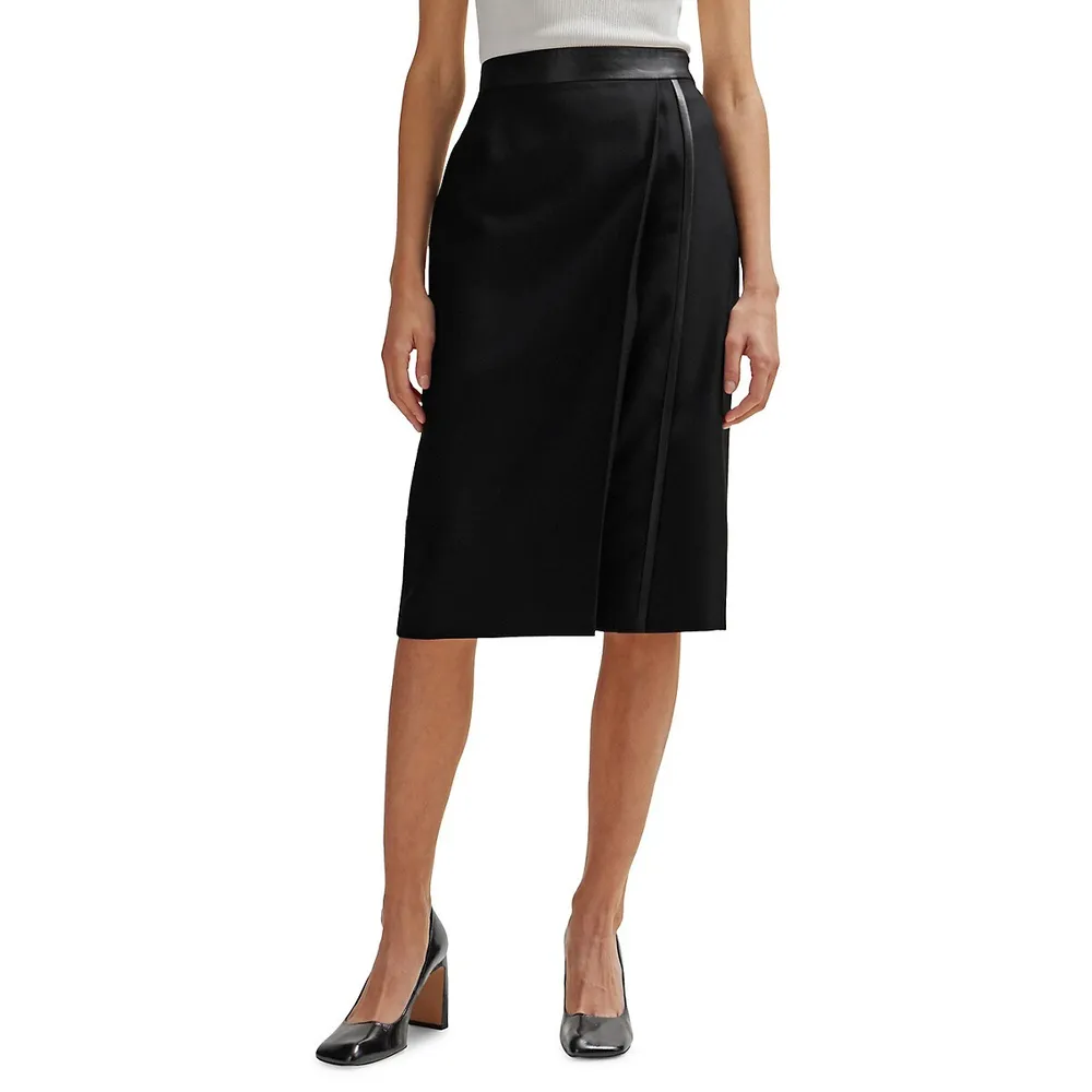 Faux Leather-Trim Wool Twill Pencil Skirt