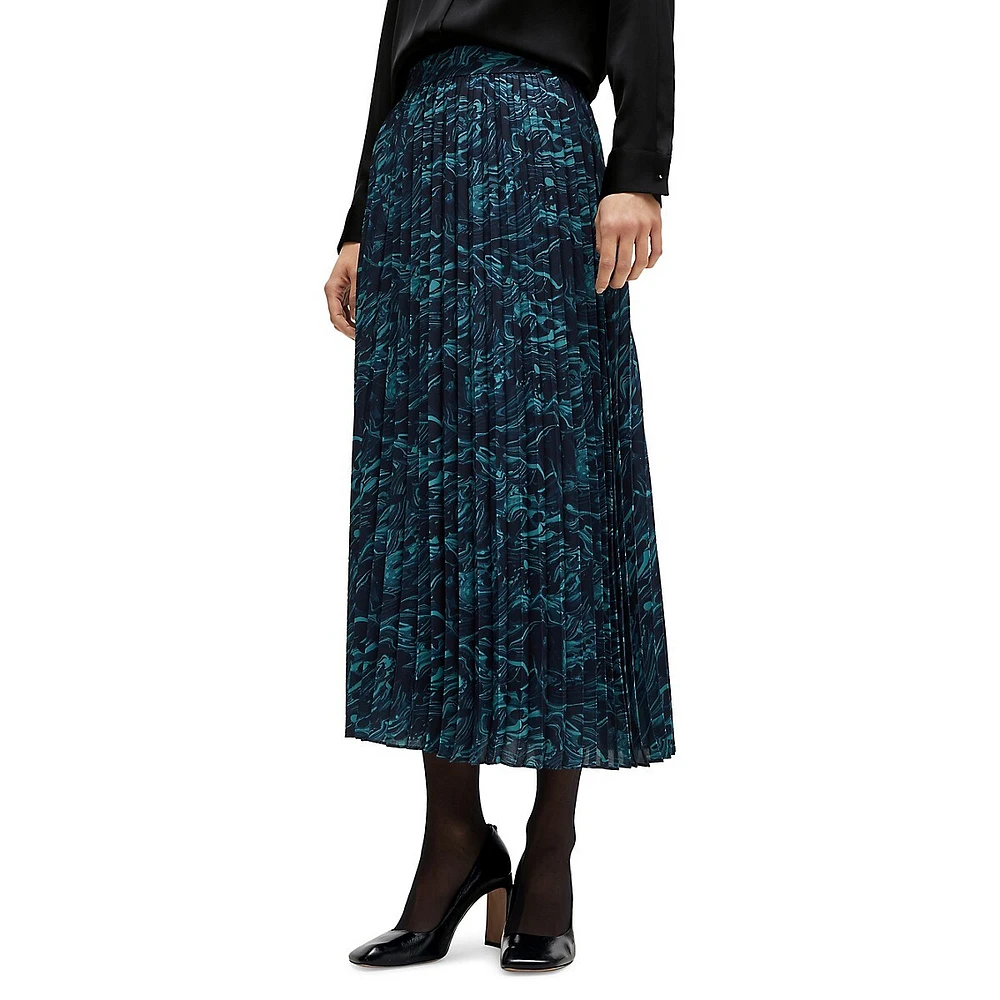 Modern-Print Pleated Midi Skirt