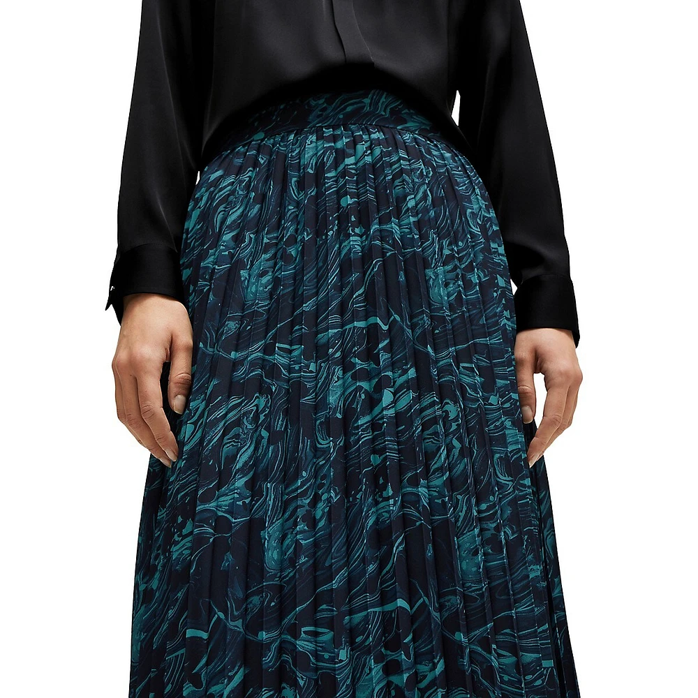 Modern-Print Pleated Midi Skirt