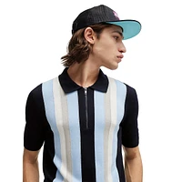 Zip-Neck Vertical Stripe Polo Sweater