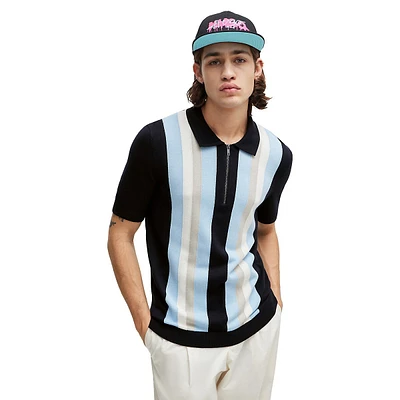 Zip-Neck Vertical Stripe Polo Sweater