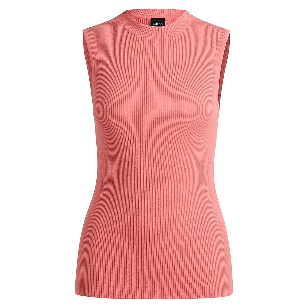 Sleeveless Rib-Knit Mockneck Top