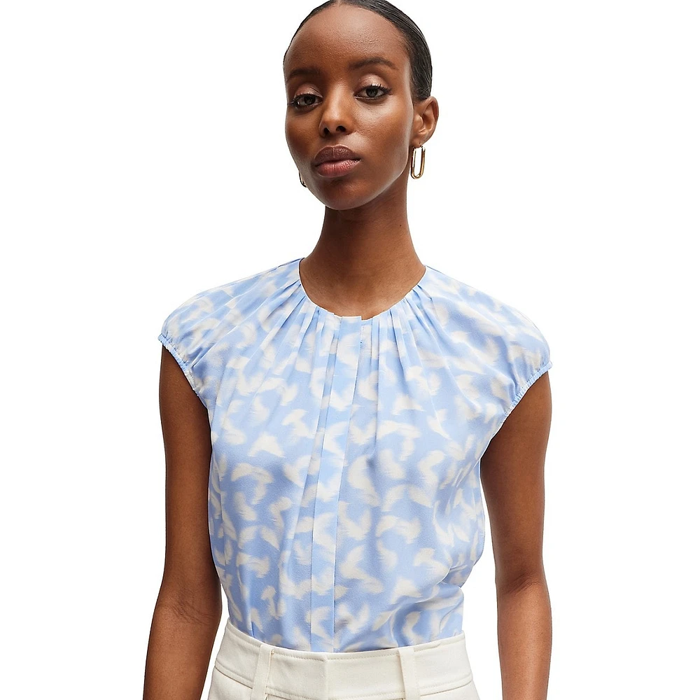 Berika Cap-Sleeve Printed Silk Tailored Blouse