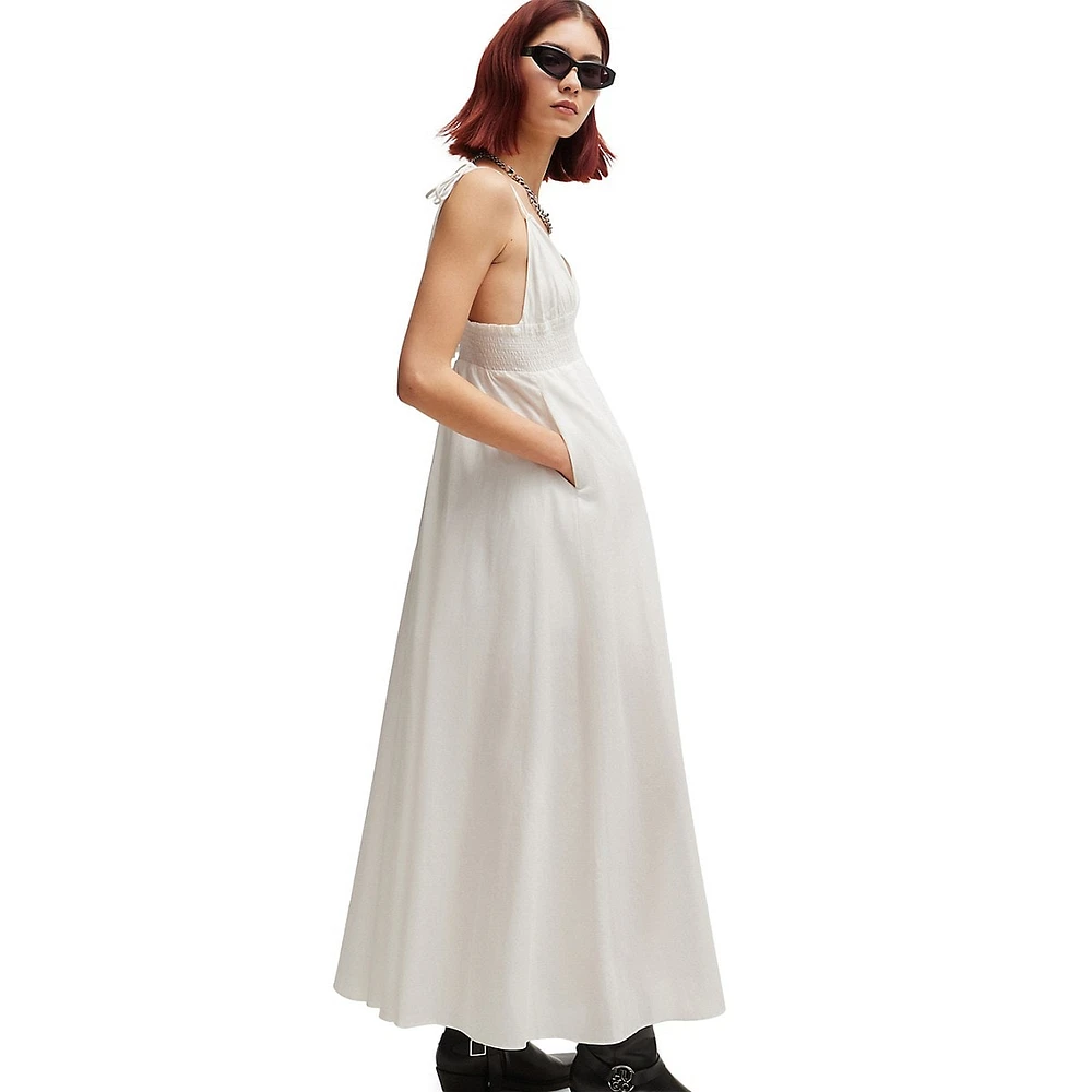 Cotton-Voile Maxi Dress With Smocking & Double Straps