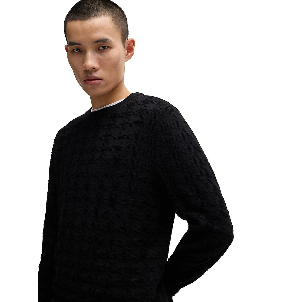 Houndstooth Check Cotton Crewneck Sweater