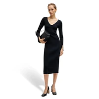 Long-Sleeve V-Neck Ribbed-Knit Fitted Dress