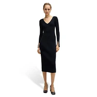 Long-Sleeve V-Neck Ribbed-Knit Fitted Dress