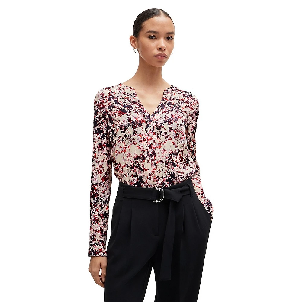 Floral-Print Satin Blouse