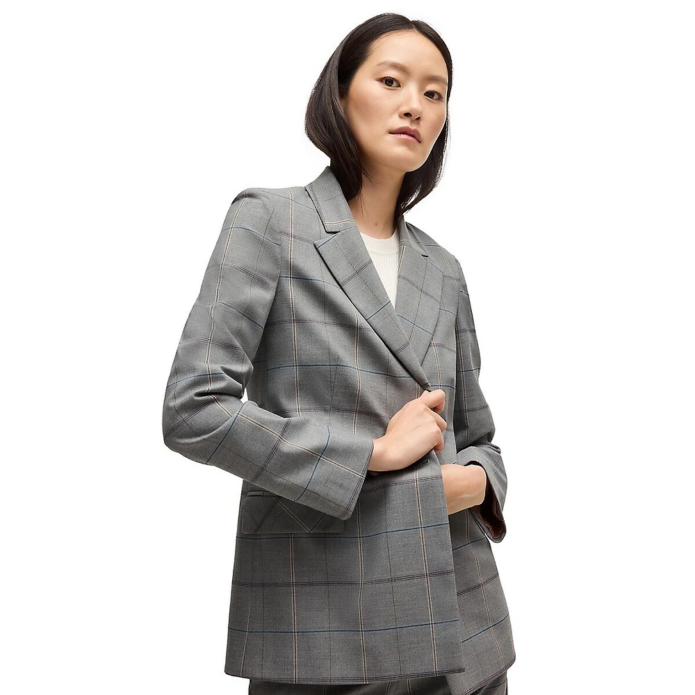 Stretch Double-Breasted Check Blazer