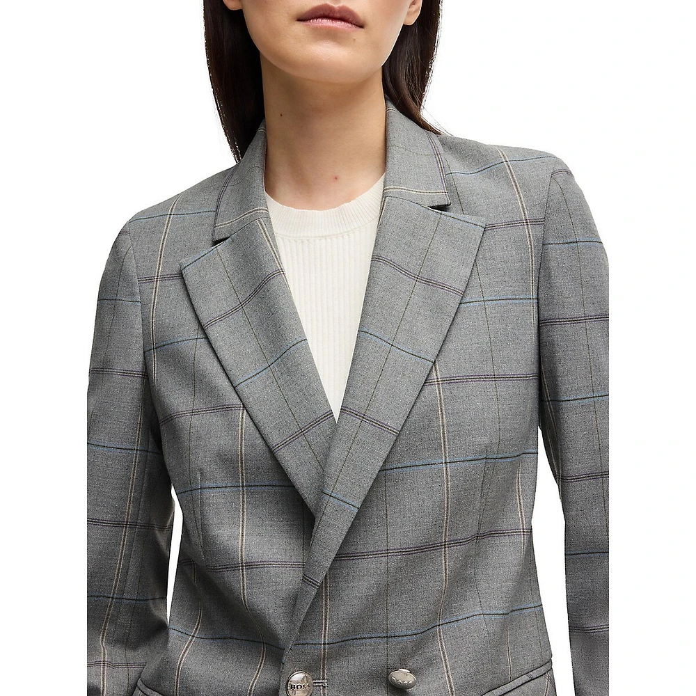 Stretch Double-Breasted Check Blazer