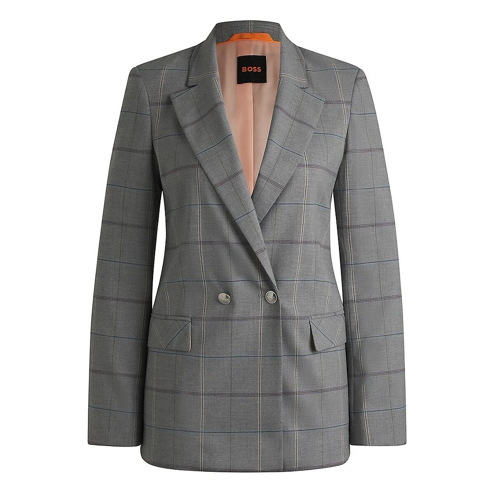 Stretch Double-Breasted Check Blazer