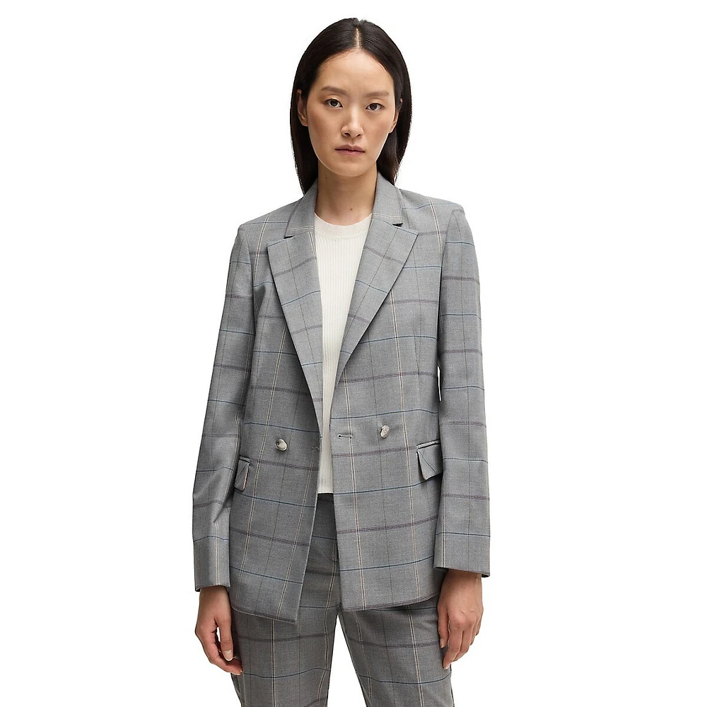 Stretch Double-Breasted Check Blazer