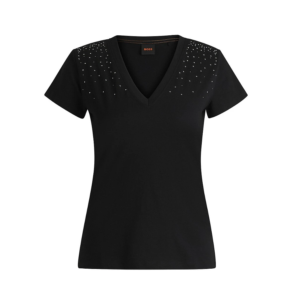 Embellished V-Neck Cotton T-Shirt