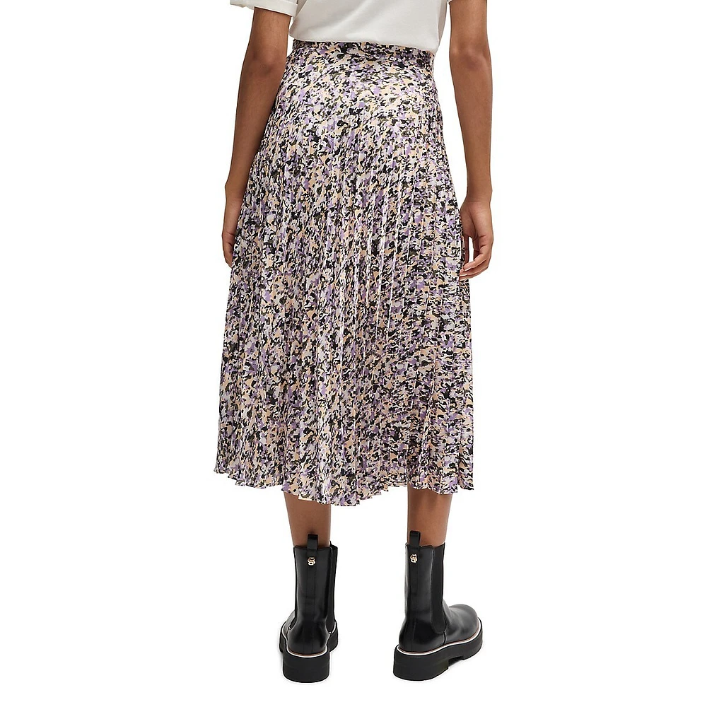 Vlissa Printed Satin Plissé A-Line Midi Skirt