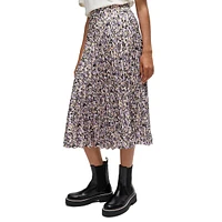 Vlissa Printed Satin Plissé A-Line Midi Skirt