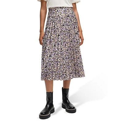 Vlissa Printed Satin Plissé A-Line Midi Skirt