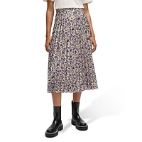 Vlissa Printed Satin Plissé A-Line Midi Skirt