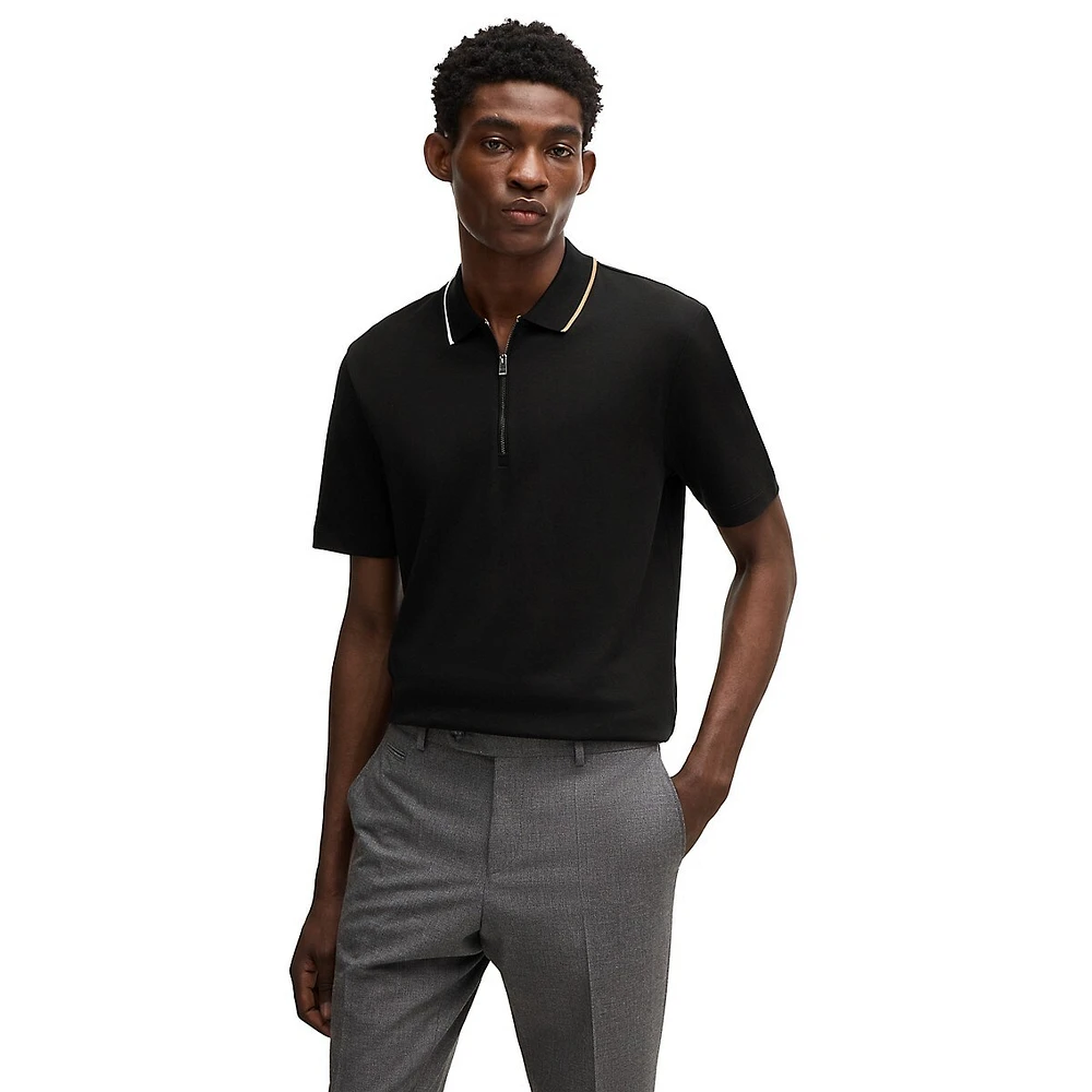 Zip-Neck Interlock Cotton Polo Shirt