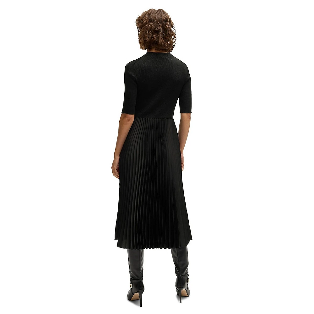 Cropped-Sleeve Dress With Plissé Skirt