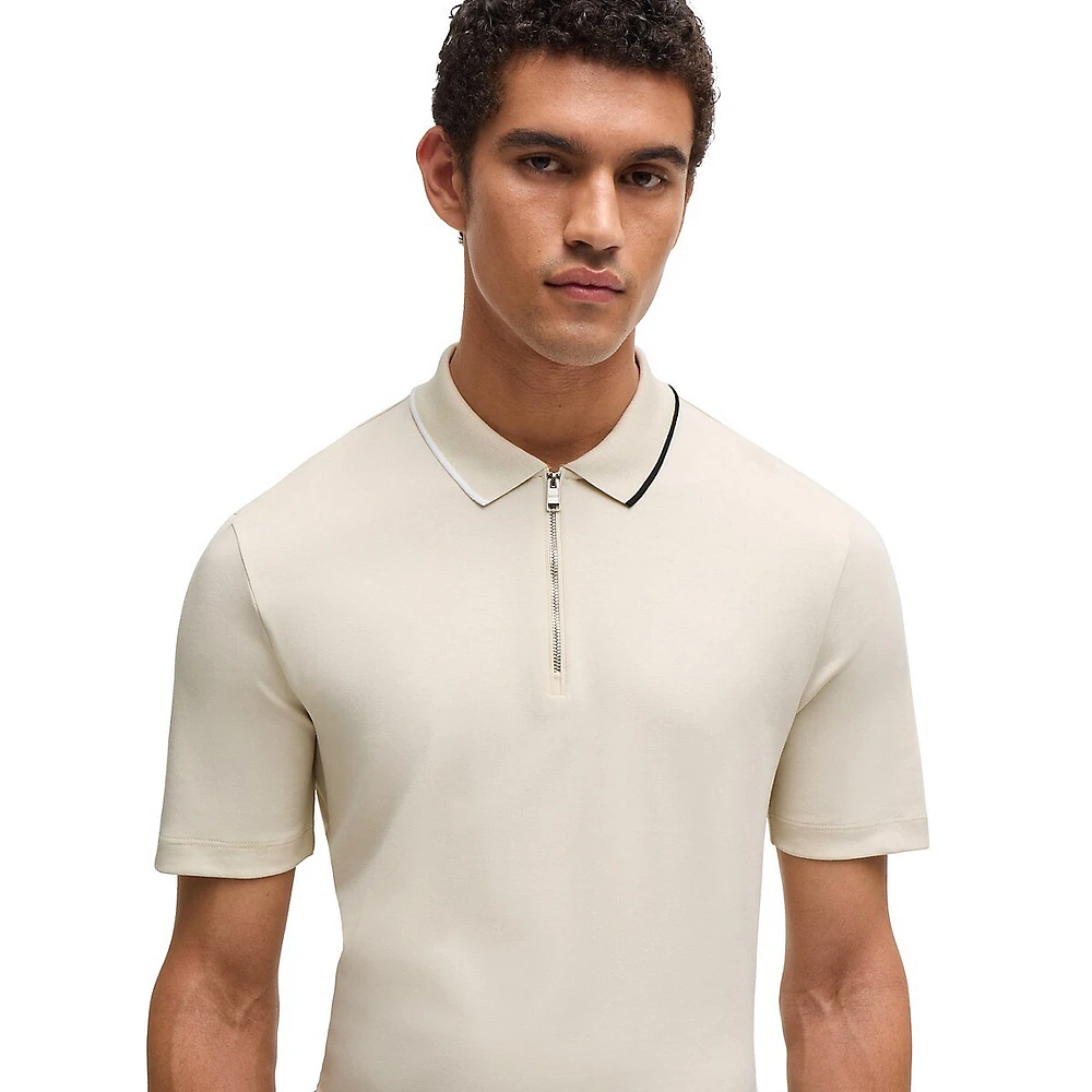 Zip-Neck Interlock Cotton Polo Shirt