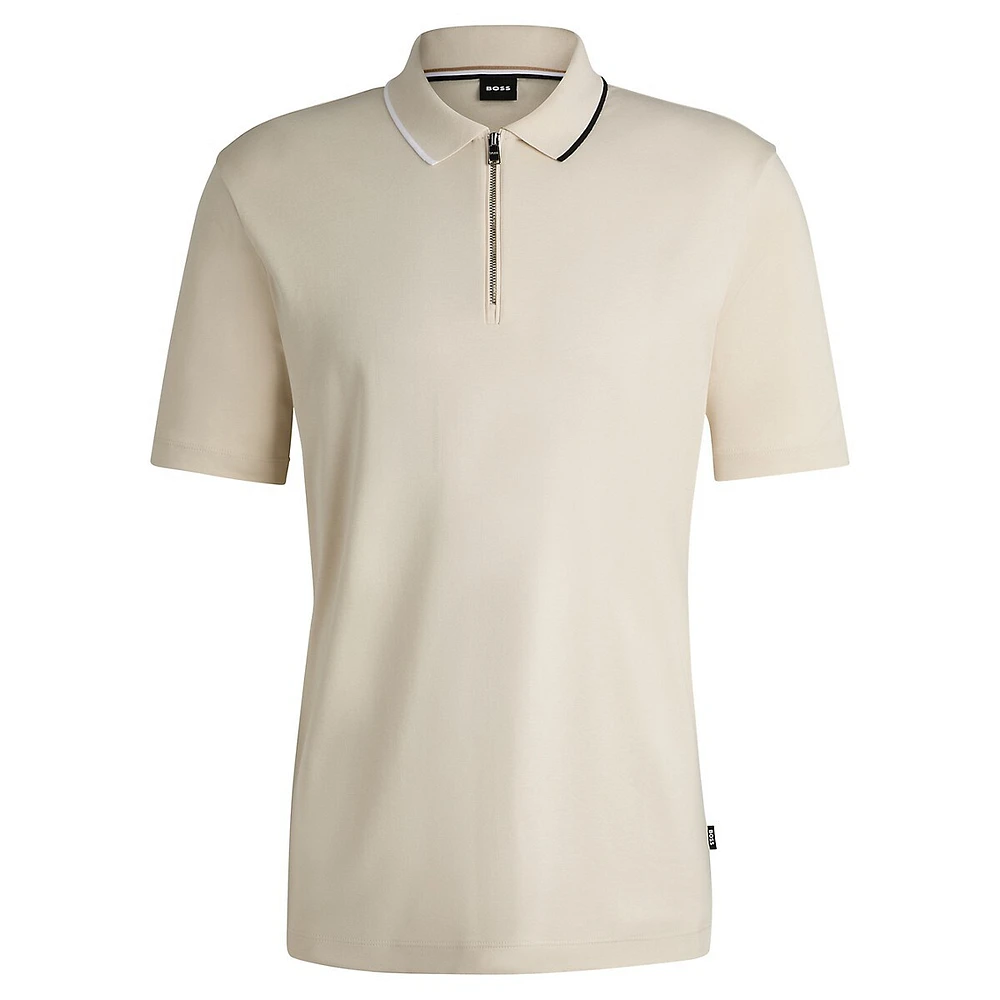 Zip-Neck Interlock Cotton Polo Shirt