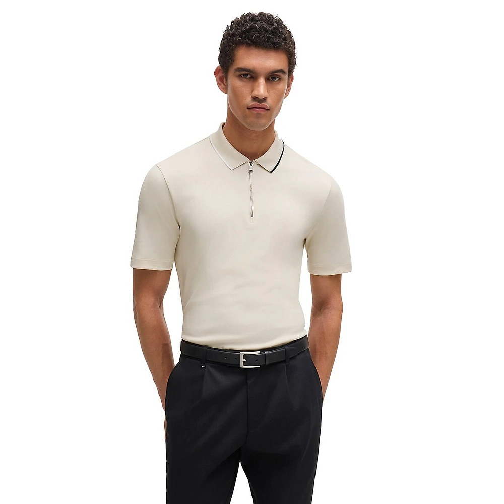 Zip-Neck Interlock Cotton Polo Shirt