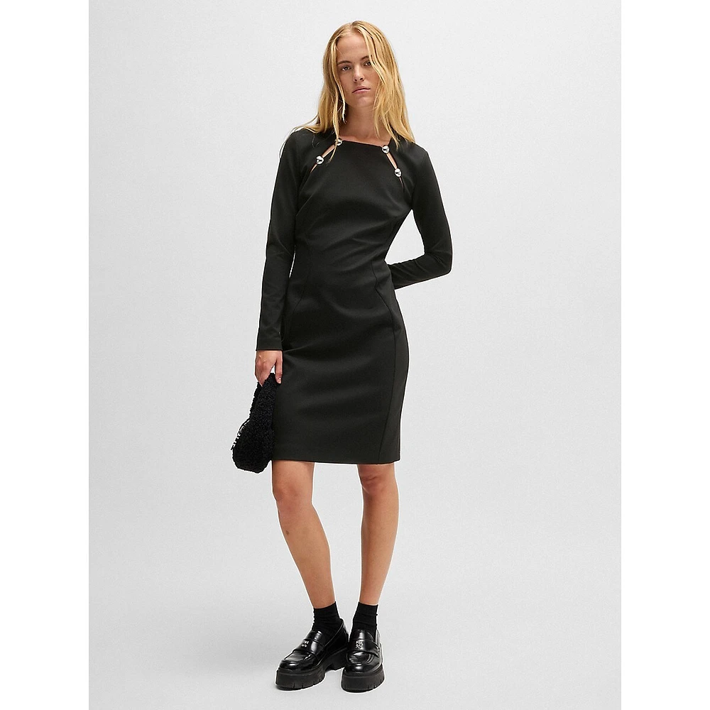 Long-Sleeve Silvertone-Trim Cutout Bodycon Dress