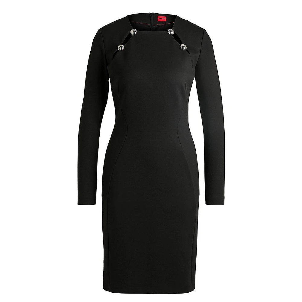 Long-Sleeve Silvertone-Trim Cutout Bodycon Dress