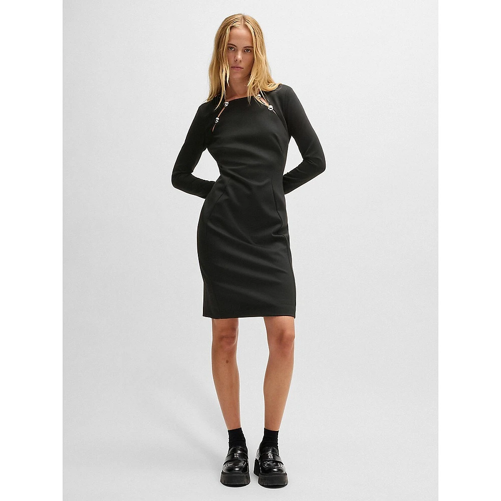 Long-Sleeve Silvertone-Trim Cutout Bodycon Dress