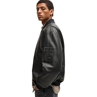 Relaxed-Fit Branded-Pocket Leather Jacket