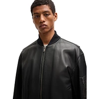 Relaxed-Fit Branded-Pocket Leather Jacket