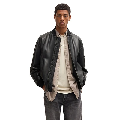 Relaxed-Fit Branded-Pocket Leather Jacket