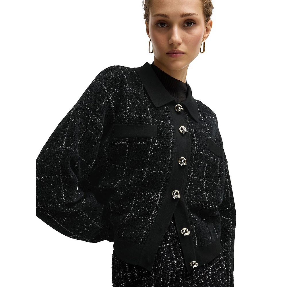 Cropped Sparkle Tweed Knot-Button Jacket